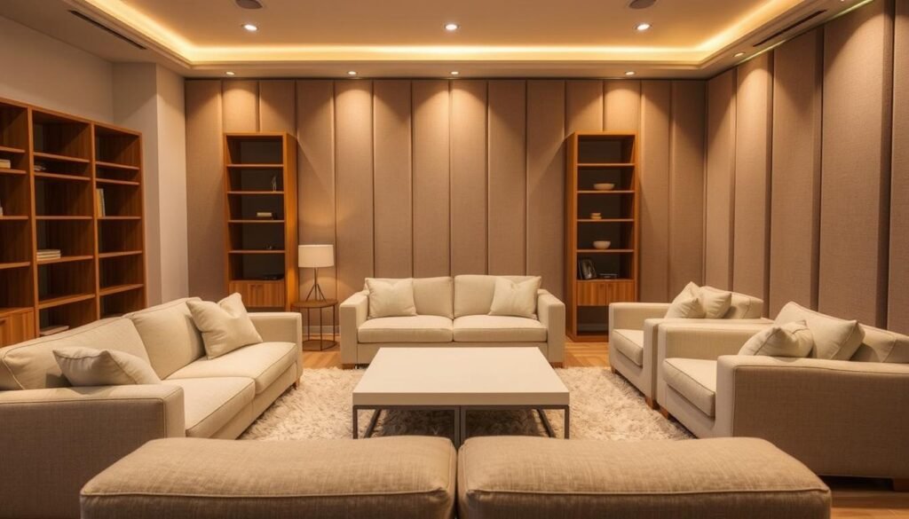A cozy living room arranged for optimum sound isolation. In the foreground, plush, sound-absorbing furniture pieces - a large, overstuffed sofa and two armchairs upholstered in a soft, textured fabric. Strategically placed behind the seating area, tall, wooden bookcases with thick, sound-dampening shelves. The middle ground features a minimalist, low-profile coffee table and a soft, shag area rug to further muffle ambient noise. The background showcases a wall of floor-to-ceiling acoustic panels in a neutral tone, creating a tranquil, distraction-free environment. Warm, indirect lighting from hidden fixtures casts a soft, calming glow. The overall scene conveys a sense of acoustic comfort and serenity. A cozy living room arranged for optimum sound isolation. In the foreground, plush, sound-absorbing furniture pieces - a large, overstuffed sofa and two armchairs upholstered in a soft, textured fabric. Strategically placed behind the seating area, tall, wooden bookcases with thick, sound-dampening shelves. The middle ground features a minimalist, low-profile coffee table and a soft, shag area rug to further muffle ambient noise. The background showcases a wall of floor-to-ceiling acoustic panels in a neutral tone, creating a tranquil, distraction-free environment. Warm, indirect lighting from hidden fixtures casts a soft, calming glow. The overall scene conveys a sense of acoustic comfort and serenity.