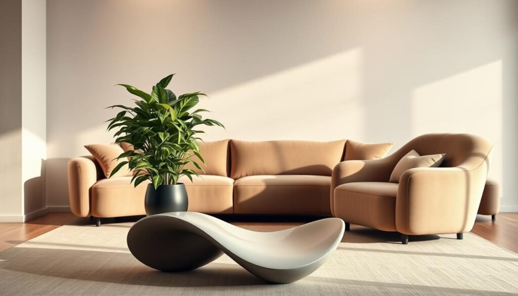 A cozy living room filled with a curved sofa and armchair, their organic silhouettes accentuated by soft, indirect lighting. In the foreground, a sculptural coffee table with gentle, flowing lines complements the décor. The middle ground showcases a potted plant with lush, verdant foliage, adding a touch of natural vibrancy. The background features a neutral-toned wall with subtle textures, creating a serene and harmonious atmosphere that embodies the latest trends in interior design. A cozy living room filled with a curved sofa and armchair, their organic silhouettes accentuated by soft, indirect lighting. In the foreground, a sculptural coffee table with gentle, flowing lines complements the décor. The middle ground showcases a potted plant with lush, verdant foliage, adding a touch of natural vibrancy. The background features a neutral-toned wall with subtle textures, creating a serene and harmonious atmosphere that embodies the latest trends in interior design.