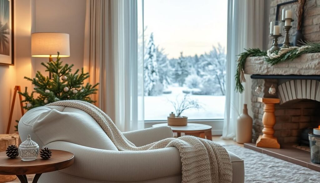 A cozy living room in the snowy winter, transitioning from holiday decor to a serene, nature-inspired aesthetic. In the foreground, a plush, oversized white armchair is adorned with a soft, textured throw blanket. Delicate glass ornaments and pinecones rest on a rustic wooden side table, while a minimalist vase with dried flowers sits nearby. The middle ground features a large picture window, framed by wispy white curtains, offering a breathtaking view of a snow-covered landscape. Soft, warm lighting from a floor lamp illuminates the scene, casting a glow and creating a sense of coziness. In the background, a stone fireplace mantlepiece displays simple, natural elements like twigs and candles, a subtle nod to the transitional nature of winter decor. A cozy living room in the snowy winter, transitioning from holiday decor to a serene, nature-inspired aesthetic. In the foreground, a plush, oversized white armchair is adorned with a soft, textured throw blanket. Delicate glass ornaments and pinecones rest on a rustic wooden side table, while a minimalist vase with dried flowers sits nearby. The middle ground features a large picture window, framed by wispy white curtains, offering a breathtaking view of a snow-covered landscape. Soft, warm lighting from a floor lamp illuminates the scene, casting a glow and creating a sense of coziness. In the background, a stone fireplace mantlepiece displays simple, natural elements like twigs and candles, a subtle nod to the transitional nature of winter decor.