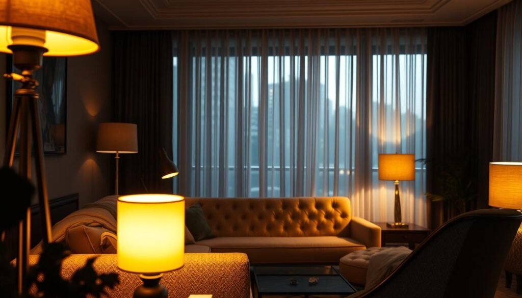 A cozy living room interior with textured lighting that creates depth and atmosphere. The foreground features a layered arrangement of accent lamps, table lamps, and floor lamps casting warm, golden light. The middle ground showcases a plush, tufted sofa and armchair draped in soft, textured fabrics that catch the light. In the background, a large window lets in natural daylight that filters through sheer curtains, casting a hazy, diffused glow. The overall scene has a moody, intimate ambiance with a balance of direct and indirect lighting that adds dimension and visual interest. A cozy living room interior with textured lighting that creates depth and atmosphere. The foreground features a layered arrangement of accent lamps, table lamps, and floor lamps casting warm, golden light. The middle ground showcases a plush, tufted sofa and armchair draped in soft, textured fabrics that catch the light. In the background, a large window lets in natural daylight that filters through sheer curtains, casting a hazy, diffused glow. The overall scene has a moody, intimate ambiance with a balance of direct and indirect lighting that adds dimension and visual interest.