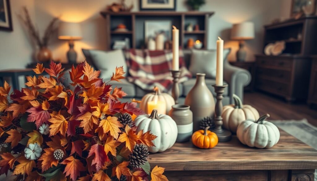 A cozy living room with a beautifully decorated coffee table, showcasing a seasonal color scheme. In the foreground, an arrangement of vibrant fall foliage, plush pumpkins, and warm candlesticks cast a soft, golden glow. The middle ground features a rustic wooden coffee table topped with a stylish mix of decorative objects - ceramic vases, natural elements like pinecones, and a plaid throw. The background is a warm, inviting space with neutral-toned furniture and walls, allowing the seasonal colors to take center stage. Soft, diffused lighting creates a serene, autumnal atmosphere, captured through a wide-angle lens to provide a comprehensive view of the harmonious scene.