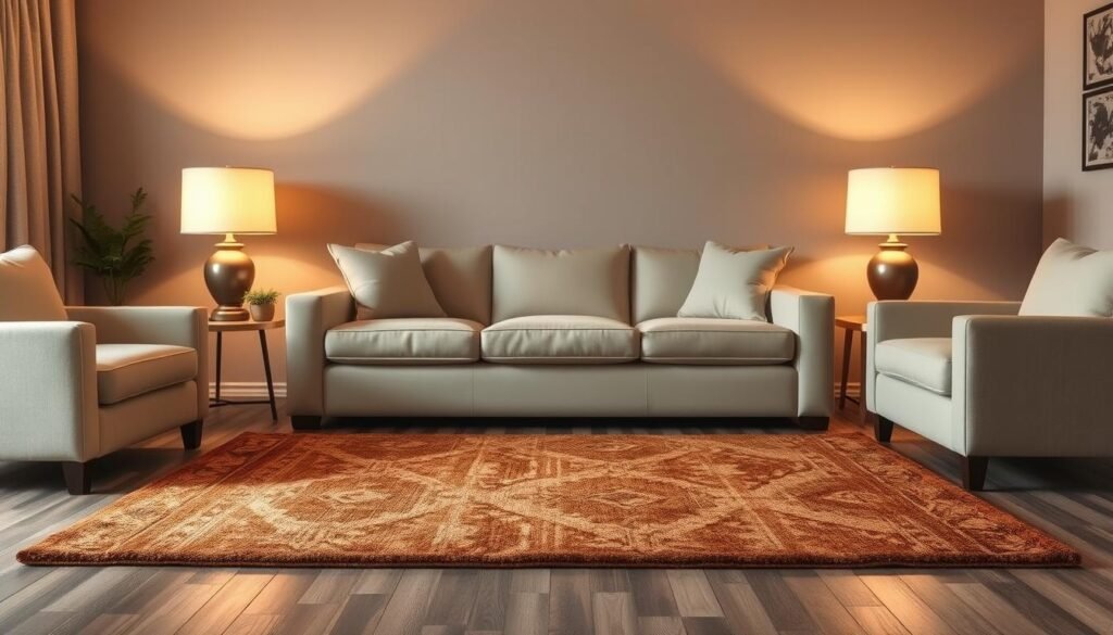 A cozy living room with a tastefully arranged sepia-toned area rug placed in the center, its size perfectly proportioned to the surrounding furniture. Warm, diffused lighting from a pair of vintage-inspired floor lamps creates a inviting ambiance. The rug's rich, textured pattern complements the neutral tones of the room, anchoring the space and visually tying the elements together. The overall composition suggests a harmonious, well-designed interior that showcases the importance of selecting the right rug size to enhance the functionality and aesthetic appeal of the living area. A cozy living room with a tastefully arranged sepia-toned area rug placed in the center, its size perfectly proportioned to the surrounding furniture. Warm, diffused lighting from a pair of vintage-inspired floor lamps creates a inviting ambiance. The rug's rich, textured pattern complements the neutral tones of the room, anchoring the space and visually tying the elements together. The overall composition suggests a harmonious, well-designed interior that showcases the importance of selecting the right rug size to enhance the functionality and aesthetic appeal of the living area.