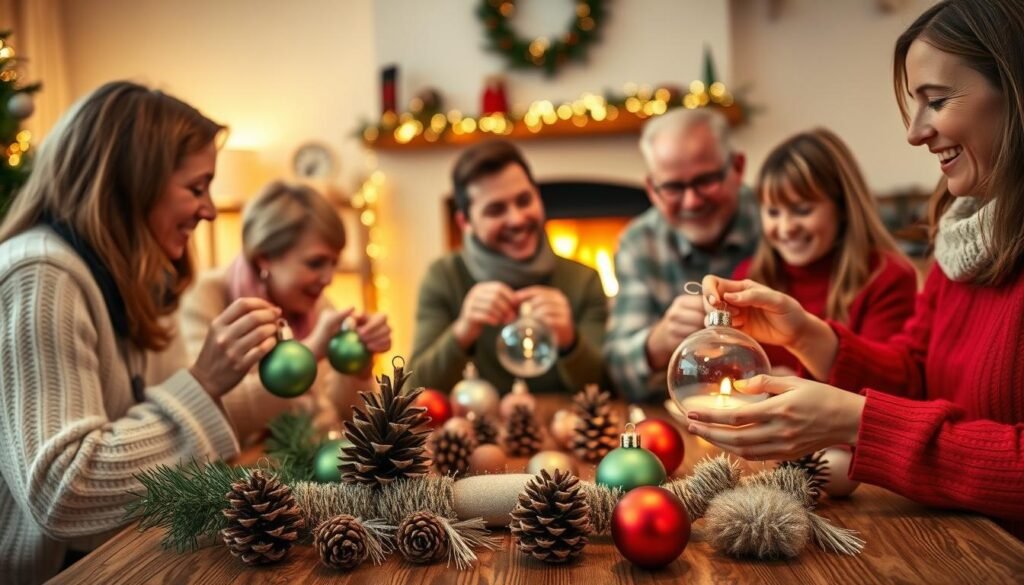 A cozy living room with a warm fireplace in the background, soft lighting casting a golden glow. In the foreground, a family gathered around a wooden table, carefully crafting handmade holiday ornaments - delicate glass balls, pinecone figurines, and woolen garlands. Vibrant hues of red, green, and gold contrast with the natural textures of the ornaments. The family members, dressed in festive attire, are engaged in conversation and laughter, their faces illuminated by the flickering flames. An atmosphere of nostalgia and togetherness permeates the scene, capturing the essence of the holiday season. A cozy living room with a warm fireplace in the background, soft lighting casting a golden glow. In the foreground, a family gathered around a wooden table, carefully crafting handmade holiday ornaments - delicate glass balls, pinecone figurines, and woolen garlands. Vibrant hues of red, green, and gold contrast with the natural textures of the ornaments. The family members, dressed in festive attire, are engaged in conversation and laughter, their faces illuminated by the flickering flames. An atmosphere of nostalgia and togetherness permeates the scene, capturing the essence of the holiday season.