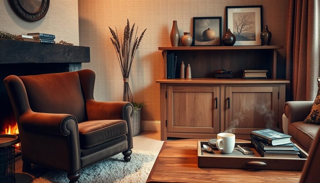 A cozy living room with warm brown accents. In the foreground, a plush velvet armchair in a rich chocolate brown sits by a crackling fireplace, its glow casting a soft, amber light. On the middle ground, a wooden coffee table holds a stack of books and a tray with a steaming mug. Against the wall, a solid oak sideboard displays decorative vases and framed artwork in earthy tones. The background features a textured beige wall, complemented by natural woven curtains. Soft, diffused lighting creates an inviting, intimate atmosphere, perfect for relaxation and contemplation. A cozy living room with warm brown accents. In the foreground, a plush velvet armchair in a rich chocolate brown sits by a crackling fireplace, its glow casting a soft, amber light. On the middle ground, a wooden coffee table holds a stack of books and a tray with a steaming mug. Against the wall, a solid oak sideboard displays decorative vases and framed artwork in earthy tones. The background features a textured beige wall, complemented by natural woven curtains. Soft, diffused lighting creates an inviting, intimate atmosphere, perfect for relaxation and contemplation.