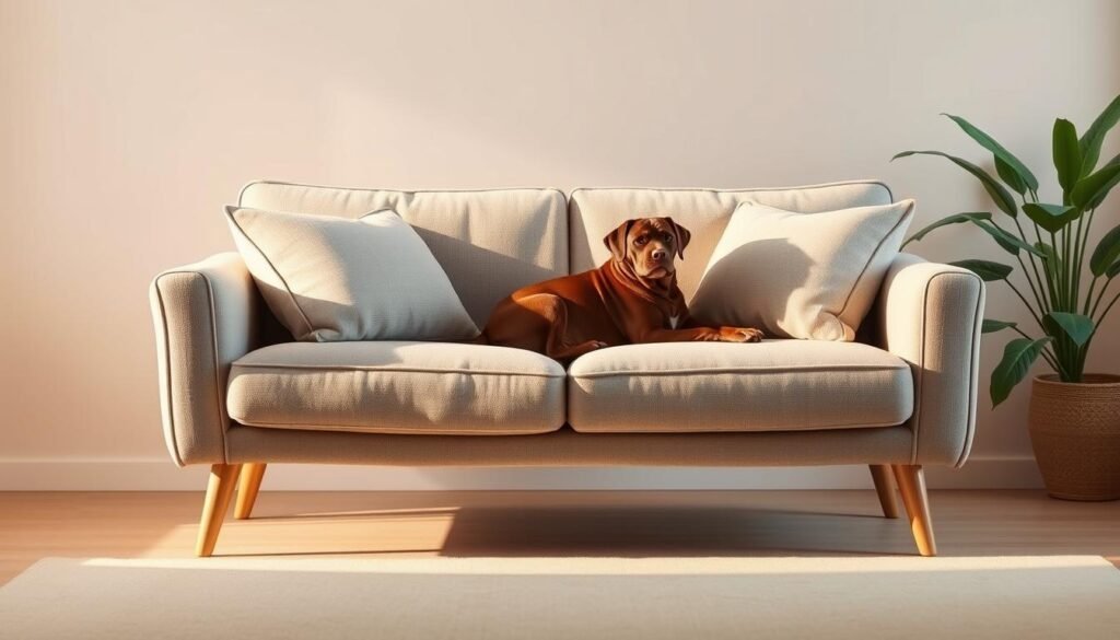 A cozy, small-scale sofa designed for pet-friendly living, bathed in warm, diffused lighting that highlights its clean, modern lines and plush, upholstered cushions. The sofa's compact silhouette is well-suited for tight spaces, with sleek, rounded armrests and tapered wooden legs that give it an airy, lightweight appearance. Soft, neutral-toned fabrics in a durable, pet-safe material invite snuggling, while a low profile and streamlined form ensure the sofa maintains a space-conscious footprint. Hints of greenery in the background create a fresh, nature-inspired atmosphere, complementing the sofa's minimalist aesthetic and making it an inviting, pet-friendly centerpiece for any compact living room or apartment.