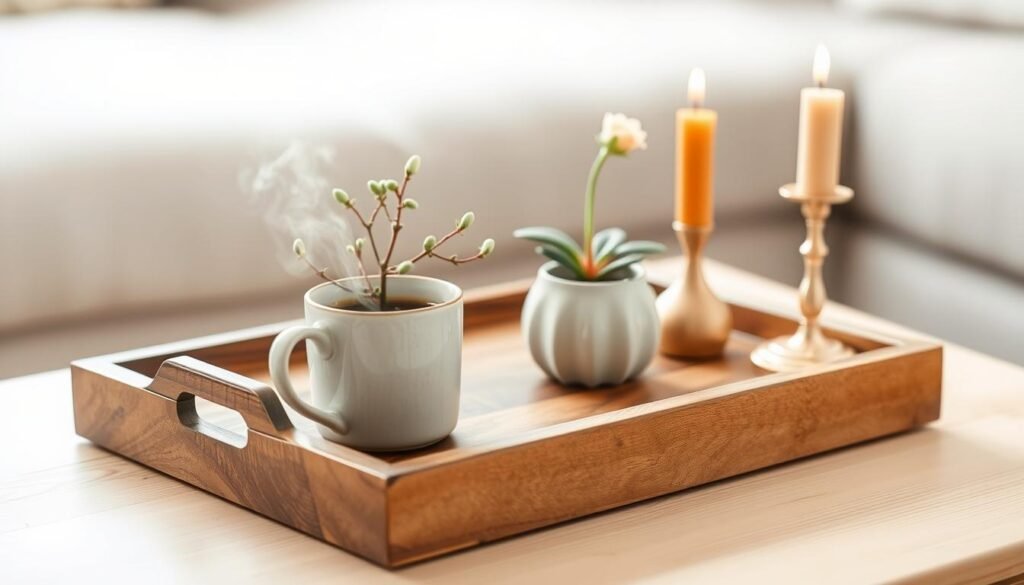 A cozy spring coffee table setting with a harmonious arrangement of three artfully placed decorative elements. In the foreground, a rustic wooden tray holds a ceramic mug of freshly brewed coffee, steam gently rising. In the middle ground, a small potted plant with delicate green leaves and a single bloom adds a touch of natural beauty. Flanking the tray, two simple candlesticks in warm tones cast a soft, inviting glow. The overall scene is bathed in soft, diffused lighting, creating a serene and welcoming atmosphere. The coffee table itself is made of light-colored wood, complementing the earthy, natural tones of the decor. This balanced, minimalist display maximizes the visual interest and functionality of the space.