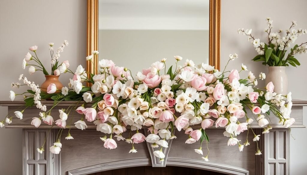 A cozy spring mantel adorned with delicate pastel blooms, their soft petals cascading over the elegant fireplace. The mantel itself is made of weathered wood, its natural grain adding warmth to the scene. Hanging above, a large mirror reflects the flickering flames, casting a gentle glow across the arrangement. In the foreground, a mix of tulips, ranunculus, and cherry blossoms spill from ceramic vases, their colors complementing the soft gray and beige tones of the mantel decor. Scattered throughout, subtle touches of greenery and soft, wispy accents create a harmonious, inviting atmosphere, evoking the season's renewed energy and rejuvenation. A cozy spring mantel adorned with delicate pastel blooms, their soft petals cascading over the elegant fireplace. The mantel itself is made of weathered wood, its natural grain adding warmth to the scene. Hanging above, a large mirror reflects the flickering flames, casting a gentle glow across the arrangement. In the foreground, a mix of tulips, ranunculus, and cherry blossoms spill from ceramic vases, their colors complementing the soft gray and beige tones of the mantel decor. Scattered throughout, subtle touches of greenery and soft, wispy accents create a harmonious, inviting atmosphere, evoking the season's renewed energy and rejuvenation.