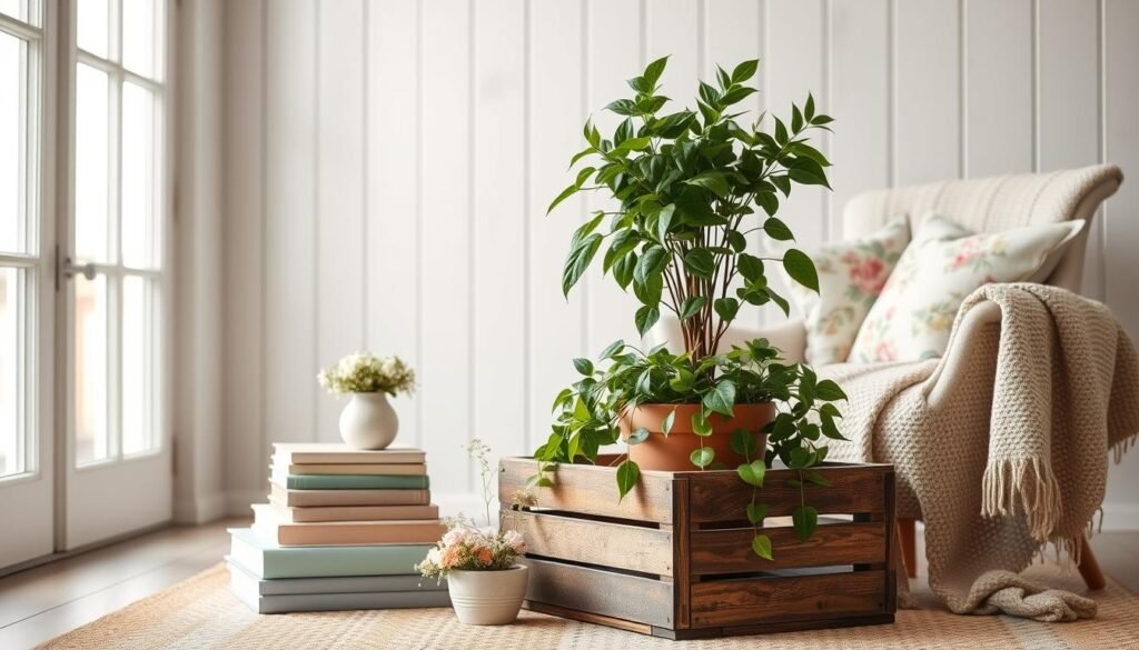 A cozy spring vignette set against a bright, airy room with whitewashed wood paneling and large windows. In the foreground, a weathered wooden crate holds a lush potted plant, its green leaves spilling over the sides. Beside it, a stack of vintage hardcover books in pastel hues and a delicate floral arrangement in a ceramic vase. Soft, diffused light filters in, casting a warm glow on the scene. A woven throw blanket and plush accent pillows in floral prints add a touch of comfort to a mid-century modern armchair. The overall atmosphere is one of tranquility and renewal, capturing the essence of a cheerful spring-inspired home decor. A cozy spring vignette set against a bright, airy room with whitewashed wood paneling and large windows. In the foreground, a weathered wooden crate holds a lush potted plant, its green leaves spilling over the sides. Beside it, a stack of vintage hardcover books in pastel hues and a delicate floral arrangement in a ceramic vase. Soft, diffused light filters in, casting a warm glow on the scene. A woven throw blanket and plush accent pillows in floral prints add a touch of comfort to a mid-century modern armchair. The overall atmosphere is one of tranquility and renewal, capturing the essence of a cheerful spring-inspired home decor.