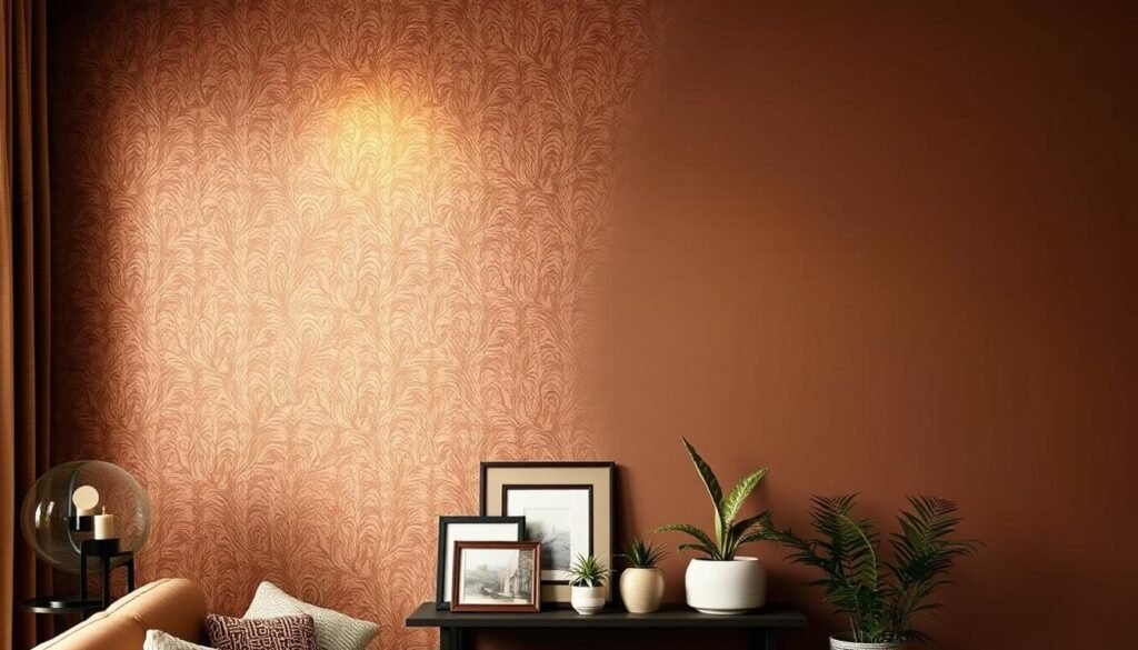A cozy, welcoming interior with a warm, earthy color palette. In the foreground, an elegant wall treatment featuring a lush, textured wallpaper in a rich, chocolate brown hue. The wallpaper is accentuated by a subtle, soft lighting that casts a gentle glow, creating a serene and inviting atmosphere. In the middle ground, a well-curated display of decorative elements, such as framed artwork and potted plants, complement the brown tones and add visual interest. The background showcases a smooth, matte-finished brown paint, providing a harmonious backdrop that ties the entire scene together. The overall composition exudes a sense of sophistication and natural elegance, perfectly capturing the essence of "Brown Paint Colors & Wall Treatments to Transform Your Space". A cozy, welcoming interior with a warm, earthy color palette. In the foreground, an elegant wall treatment featuring a lush, textured wallpaper in a rich, chocolate brown hue. The wallpaper is accentuated by a subtle, soft lighting that casts a gentle glow, creating a serene and inviting atmosphere. In the middle ground, a well-curated display of decorative elements, such as framed artwork and potted plants, complement the brown tones and add visual interest. The background showcases a smooth, matte-finished brown paint, providing a harmonious backdrop that ties the entire scene together. The overall composition exudes a sense of sophistication and natural elegance, perfectly capturing the essence of "Brown Paint Colors & Wall Treatments to Transform Your Space".