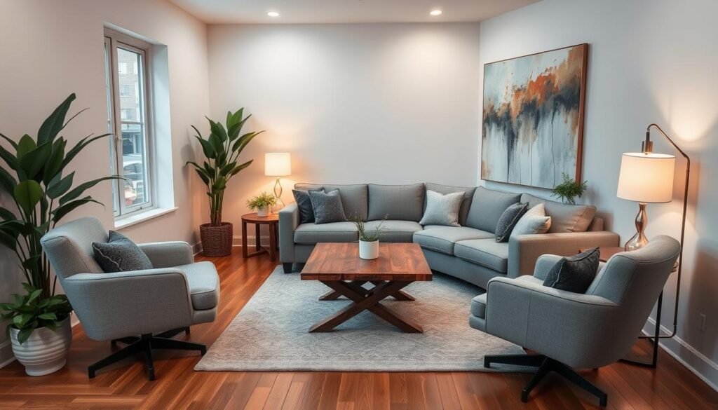 A cozy, well-appointed flex room featuring a modular sectional sofa, a pair of ergonomic swivel chairs, and a rustic wooden coffee table. Soft, ambient lighting casts a warm glow, creating an inviting atmosphere. The room is adorned with lush potted plants and a large, contemporary abstract painting on the wall, adding pops of color and visual interest. The hardwood floor is covered by a plush, patterned area rug. The space exudes a harmonious blend of comfort, functionality, and style, perfect for a variety of activities, from relaxation to work and entertainment.