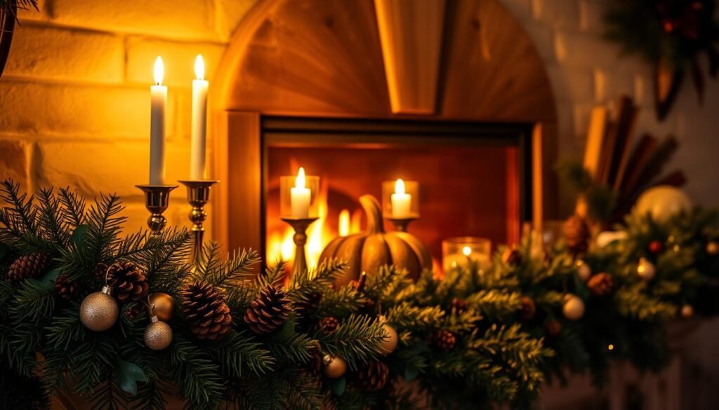 A cozy, well-appointed mantel bursting with seasonal decor, bathed in warm, golden lighting. In the foreground, a lush, fragrant garland cascades over the mantel's edge, punctuated by pinecones, sprigs of holly, and delicate glass ornaments. The middle ground showcases a pair of elegant, flickering candles flanking a rustic wooden centerpiece, perhaps a carved pumpkin or a wintry lantern. The background features a roaring fireplace, its flames casting a soft, ambient glow and casting shadows that dance across the wall. An atmosphere of comfort, cheer, and the joyful anticipation of the changing seasons permeates the scene. A cozy, well-appointed mantel bursting with seasonal decor, bathed in warm, golden lighting. In the foreground, a lush, fragrant garland cascades over the mantel's edge, punctuated by pinecones, sprigs of holly, and delicate glass ornaments. The middle ground showcases a pair of elegant, flickering candles flanking a rustic wooden centerpiece, perhaps a carved pumpkin or a wintry lantern. The background features a roaring fireplace, its flames casting a soft, ambient glow and casting shadows that dance across the wall. An atmosphere of comfort, cheer, and the joyful anticipation of the changing seasons permeates the scene.
