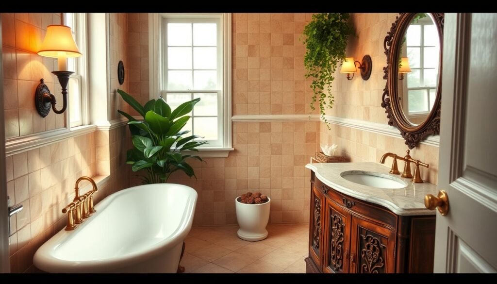 A cozy, well-appointed powder room with a vintage flair. A gleaming clawfoot bathtub takes center stage, surrounded by elegant tile work in a soft, earthy palette. Ornate fixtures and sconces cast a warm, ambient glow, complemented by lush potted plants that bring in a touch of nature. The vanity features a classic marble countertop and intricate cabinetry, while a vintage-inspired mirror and brass hardware add refined accents. Soft, diffused lighting filters in through a large window, creating a serene and tranquil atmosphere perfect for a relaxing moment of self-care. A cozy, well-appointed powder room with a vintage flair. A gleaming clawfoot bathtub takes center stage, surrounded by elegant tile work in a soft, earthy palette. Ornate fixtures and sconces cast a warm, ambient glow, complemented by lush potted plants that bring in a touch of nature. The vanity features a classic marble countertop and intricate cabinetry, while a vintage-inspired mirror and brass hardware add refined accents. Soft, diffused lighting filters in through a large window, creating a serene and tranquil atmosphere perfect for a relaxing moment of self-care.
