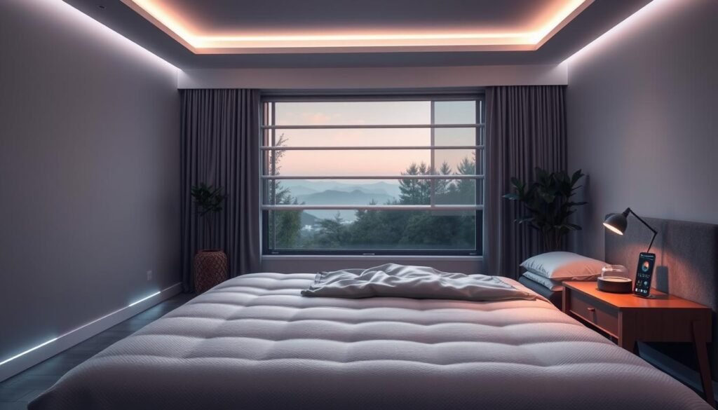 A cozy, well-lit bedroom scene with a focus on smart sleep technology. In the foreground, a futuristic-looking smart mattress with adjustable firmness and temperature controls. Beside it, a minimalist nightstand with a voice-controlled smart speaker and sleep tracking device. In the middle ground, a large window overlooking a serene, nature-inspired landscape, with smart blinds that automatically adjust to the optimal light levels. The background features high-tech mood lighting, seamlessly integrated into the walls and ceiling, creating a calming, soothing ambiance. The overall atmosphere is one of sophisticated, cutting-edge comfort and relaxation, perfectly suited for a restful, restorative night's sleep.