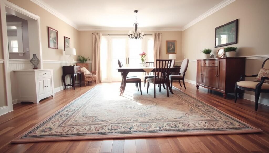 A cozy, well-lit dining room showcasing a stylish, high-quality rug. The rug is positioned centrally, occupying a substantial portion of the floor space, with a subtle border that accentuates its size. The room features a wooden dining table surrounded by elegant chairs, complementing the warm, inviting atmosphere. Soft, diffused lighting from overhead fixtures casts a gentle glow, creating a harmonious ambiance. The walls are adorned with subtle, tasteful decor, providing a refined backdrop. The scene conveys a sense of balance, proportion, and thoughtful interior design, highlighting the importance of selecting the right-sized rug for a dining room. A cozy, well-lit dining room showcasing a stylish, high-quality rug. The rug is positioned centrally, occupying a substantial portion of the floor space, with a subtle border that accentuates its size. The room features a wooden dining table surrounded by elegant chairs, complementing the warm, inviting atmosphere. Soft, diffused lighting from overhead fixtures casts a gentle glow, creating a harmonious ambiance. The walls are adorned with subtle, tasteful decor, providing a refined backdrop. The scene conveys a sense of balance, proportion, and thoughtful interior design, highlighting the importance of selecting the right-sized rug for a dining room.