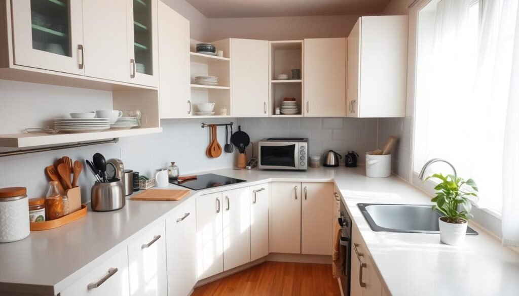 A cozy, well-lit kitchen interior with clean, minimal styling. Clutter-free countertops, a few essential items neatly organized on open shelves, and a serene, calming atmosphere. Soft, natural lighting floods the space, highlighting the clean lines and neutral tones of the cabinetry and backsplash. The floor is a warm, wood-like material, and a small, potted plant adds a touch of greenery. The overall impression is one of order, peace, and the freedom to move and work easily in the kitchen. A cozy, well-lit kitchen interior with clean, minimal styling. Clutter-free countertops, a few essential items neatly organized on open shelves, and a serene, calming atmosphere. Soft, natural lighting floods the space, highlighting the clean lines and neutral tones of the cabinetry and backsplash. The floor is a warm, wood-like material, and a small, potted plant adds a touch of greenery. The overall impression is one of order, peace, and the freedom to move and work easily in the kitchen.