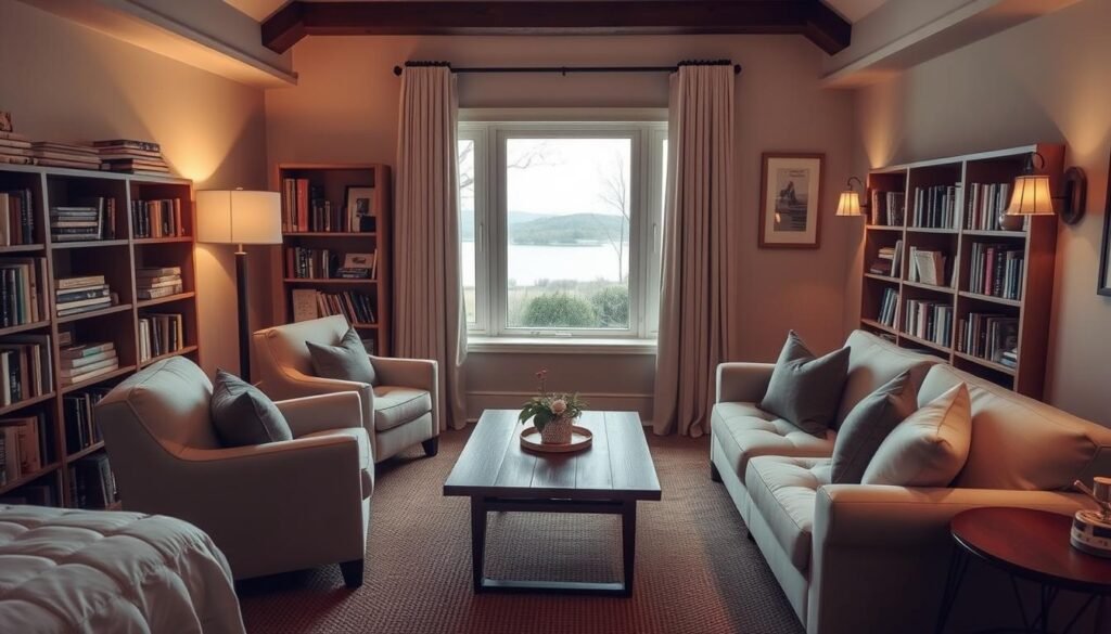 A cozy, well-lit seating area in a guest bedroom, featuring a plush armchair and a loveseat upholstered in soft, neutral tones. The furniture is arranged around a wooden coffee table, creating an intimate conversation nook. Bookshelves line the walls, filled with a curated selection of reading materials. Warm, diffused lighting from a floor lamp and sconces casts a welcoming glow, while a large window overlooks a serene outdoor scene. Soft textures, such as a woven area rug and throw pillows, add depth and texture to the space. The overall atmosphere is inviting, comfortable, and conducive to relaxation. A cozy, well-lit seating area in a guest bedroom, featuring a plush armchair and a loveseat upholstered in soft, neutral tones. The furniture is arranged around a wooden coffee table, creating an intimate conversation nook. Bookshelves line the walls, filled with a curated selection of reading materials. Warm, diffused lighting from a floor lamp and sconces casts a welcoming glow, while a large window overlooks a serene outdoor scene. Soft textures, such as a woven area rug and throw pillows, add depth and texture to the space. The overall atmosphere is inviting, comfortable, and conducive to relaxation.