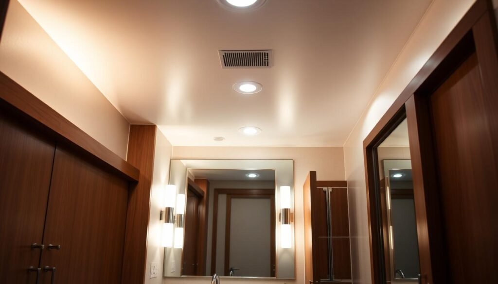 A cozy, well-lit small bathroom with a warm, inviting atmosphere. The focal point is a sleek vanity with a large mirror, illuminated by a pair of wall sconces casting a soft, flattering glow. Overhead, a minimalist ceiling light provides gentle, even illumination, creating a sense of space and openness. Accent lighting, such as recessed downlights or strip lighting, highlights architectural details and adds depth. The color palette is serene, with muted tones complementing the natural textures of tile, wood, and stone. The overall layout is efficient, with ample storage and a layout that maximizes the available space. A cozy, well-lit small bathroom with a warm, inviting atmosphere. The focal point is a sleek vanity with a large mirror, illuminated by a pair of wall sconces casting a soft, flattering glow. Overhead, a minimalist ceiling light provides gentle, even illumination, creating a sense of space and openness. Accent lighting, such as recessed downlights or strip lighting, highlights architectural details and adds depth. The color palette is serene, with muted tones complementing the natural textures of tile, wood, and stone. The overall layout is efficient, with ample storage and a layout that maximizes the available space.