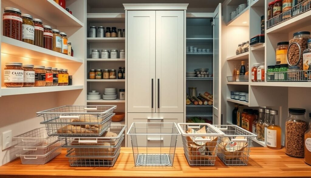 A cozy, well-organized small pantry with a variety of efficient storage solutions. Sleek open shelves line the walls, showcasing a neatly arranged assortment of jars, cans, and spice bottles. Accent lighting casts a warm glow, highlighting the tidy, minimalist aesthetic. In the foreground, a set of stackable clear plastic bins and wire mesh baskets sit on a sturdy wooden countertop, providing easily accessible storage for dry goods. The middle ground features a pull-out drawer system, its smooth slides allowing for quick retrieval of frequently used items. In the background, a tall, slender cabinet with adjustable shelves stands as the centerpiece, its doors slightly ajar to reveal the meticulously organized contents. The overall mood is one of calm, clutter-free efficiency. A cozy, well-organized small pantry with a variety of efficient storage solutions. Sleek open shelves line the walls, showcasing a neatly arranged assortment of jars, cans, and spice bottles. Accent lighting casts a warm glow, highlighting the tidy, minimalist aesthetic. In the foreground, a set of stackable clear plastic bins and wire mesh baskets sit on a sturdy wooden countertop, providing easily accessible storage for dry goods. The middle ground features a pull-out drawer system, its smooth slides allowing for quick retrieval of frequently used items. In the background, a tall, slender cabinet with adjustable shelves stands as the centerpiece, its doors slightly ajar to reveal the meticulously organized contents. The overall mood is one of calm, clutter-free efficiency.