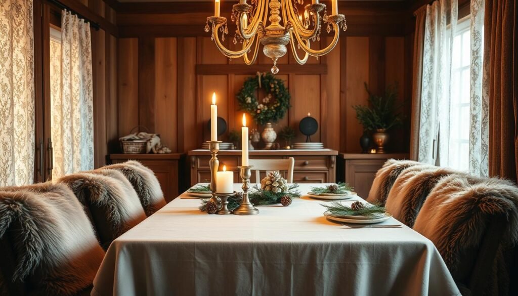 A cozy winter dining room with a rustic, inviting atmosphere. The table is set with a soft, plush tablecloth, adorned with natural elements like pinecones, evergreen sprigs, and a pair of elegant candlesticks casting a warm, ambient glow. Plush, textured chair cushions and a large, ornate chandelier above create a sense of refined comfort. The room is bathed in a soft, golden light filtering through lace-patterned curtains, complemented by the rich, wooden tones of the furniture. The overall scene evokes a sense of hygge, perfect for intimate winter gatherings. A cozy winter dining room with a rustic, inviting atmosphere. The table is set with a soft, plush tablecloth, adorned with natural elements like pinecones, evergreen sprigs, and a pair of elegant candlesticks casting a warm, ambient glow. Plush, textured chair cushions and a large, ornate chandelier above create a sense of refined comfort. The room is bathed in a soft, golden light filtering through lace-patterned curtains, complemented by the rich, wooden tones of the furniture. The overall scene evokes a sense of hygge, perfect for intimate winter gatherings.