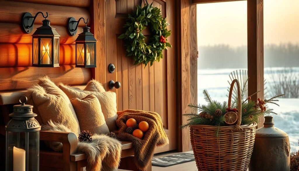 A cozy winter entryway, bathed in warm, golden light from a pair of rustic lanterns. In the foreground, a wooden bench is adorned with a plush, fur-trimmed throw and plump, seasonal pillows. Beside it, a large woven basket overflows with pinecones, dried citrus slices, and fragrant sprigs of evergreen. The middle ground features a sturdy wooden door, its surface textured with the patina of age, framed by a wreath of fresh, verdant holly. Beyond, a snowy landscape stretches out, hazy and serene, setting the stage for a welcoming winter haven. A cozy winter entryway, bathed in warm, golden light from a pair of rustic lanterns. In the foreground, a wooden bench is adorned with a plush, fur-trimmed throw and plump, seasonal pillows. Beside it, a large woven basket overflows with pinecones, dried citrus slices, and fragrant sprigs of evergreen. The middle ground features a sturdy wooden door, its surface textured with the patina of age, framed by a wreath of fresh, verdant holly. Beyond, a snowy landscape stretches out, hazy and serene, setting the stage for a welcoming winter haven.