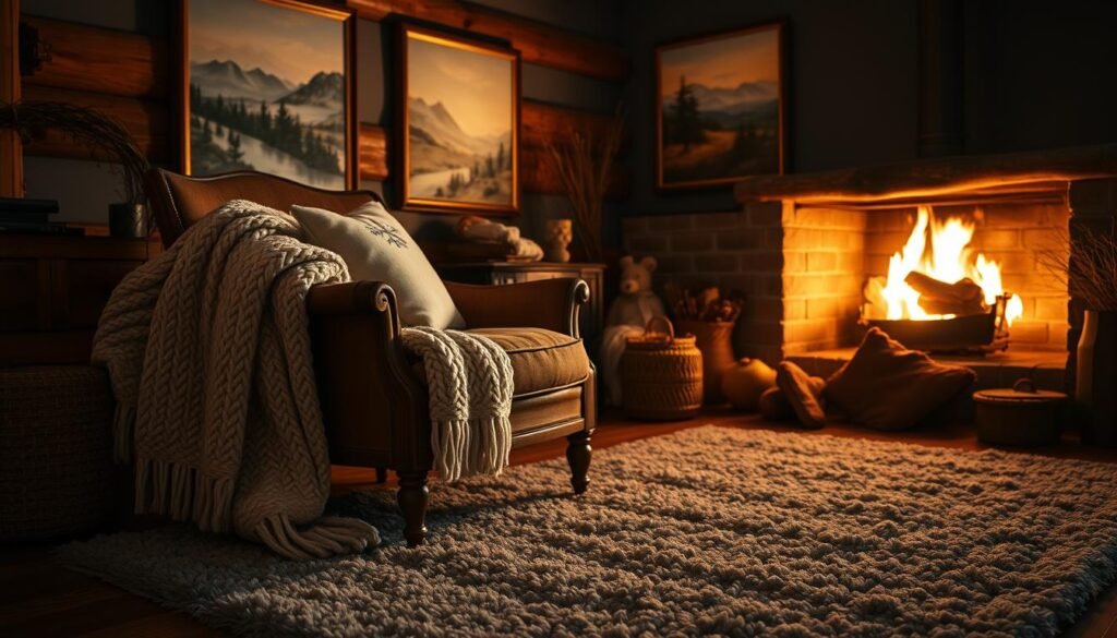 A cozy winter scene bathed in soft, warm lighting. In the foreground, a plush, cable-knit throw blanket cascades over a vintage, wooden armchair. Atop the chair, a fluffy pillow with a subtle snowflake pattern. In the middle ground, a thick, shag rug in a muted gray-blue hue covers the hardwood floor. On the walls, framed landscape paintings with textured, oil-painted brushstrokes. Flickering candles cast a gentle glow, complementing the roaring fireplace in the background. Shadows dance across the room, creating a tranquil, intimate atmosphere. Overall, a harmonious composition of rich, tactile materials and earthy, neutral tones that evoke the essence of a cozy, winter retreat. A cozy winter scene bathed in soft, warm lighting. In the foreground, a plush, cable-knit throw blanket cascades over a vintage, wooden armchair. Atop the chair, a fluffy pillow with a subtle snowflake pattern. In the middle ground, a thick, shag rug in a muted gray-blue hue covers the hardwood floor. On the walls, framed landscape paintings with textured, oil-painted brushstrokes. Flickering candles cast a gentle glow, complementing the roaring fireplace in the background. Shadows dance across the room, creating a tranquil, intimate atmosphere. Overall, a harmonious composition of rich, tactile materials and earthy, neutral tones that evoke the essence of a cozy, winter retreat.