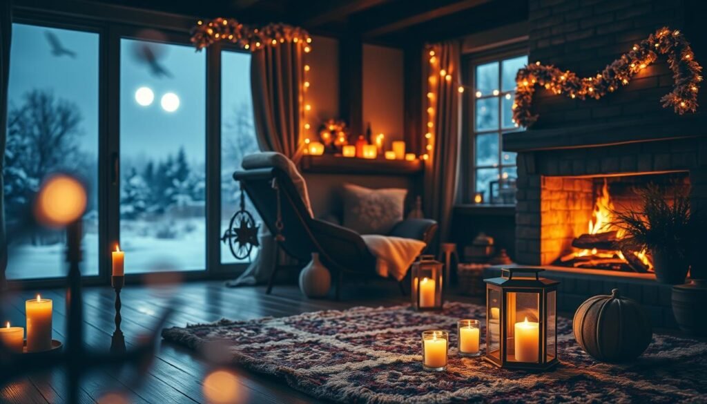 A cozy winter scene with warm lighting to combat the darkness. In the foreground, a mix of candles, lanterns, and string lights cast a soft, inviting glow. In the middle ground, a plush, textured rug and a cozy armchair by a crackling fireplace. The background features a snowy, moonlit landscape visible through large windows, creating a serene and calming atmosphere. The lighting is balanced, creating depth and highlighting the textures and materials. A harmonious, atmospheric scene that evokes a sense of hygge and winter comfort. A cozy winter scene with warm lighting to combat the darkness. In the foreground, a mix of candles, lanterns, and string lights cast a soft, inviting glow. In the middle ground, a plush, textured rug and a cozy armchair by a crackling fireplace. The background features a snowy, moonlit landscape visible through large windows, creating a serene and calming atmosphere. The lighting is balanced, creating depth and highlighting the textures and materials. A harmonious, atmospheric scene that evokes a sense of hygge and winter comfort.