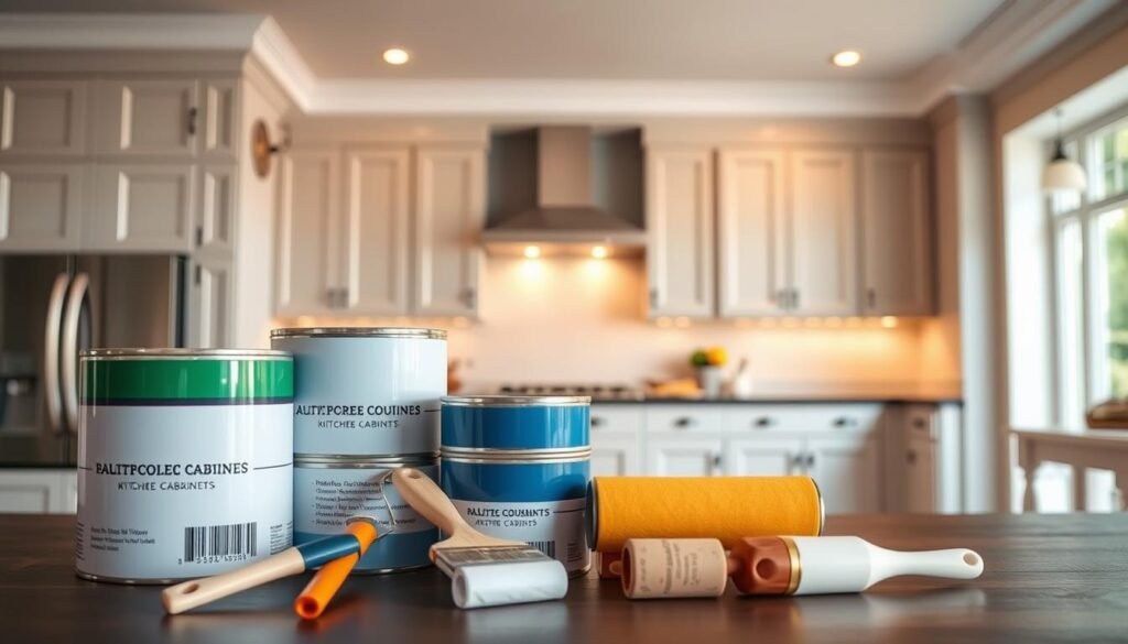 A detailed comparison of painting cost estimates for kitchen cabinets, showcasing a range of high-quality finishes and materials. The foreground features various paint cans, brushes, and rollers in different colors, neatly arranged to highlight the variations in pricing. The middle ground depicts a well-lit kitchen interior with partially painted cabinets, allowing the viewer to envision the final result. The background includes a sleek, modern kitchen design with a focus on the cabinetry, emphasizing the importance of a professional, flawless finish. Soft, warm lighting creates a cozy, inviting atmosphere, and the overall composition conveys a sense of informed decision-making for the kitchen renovation project. A detailed comparison of painting cost estimates for kitchen cabinets, showcasing a range of high-quality finishes and materials. The foreground features various paint cans, brushes, and rollers in different colors, neatly arranged to highlight the variations in pricing. The middle ground depicts a well-lit kitchen interior with partially painted cabinets, allowing the viewer to envision the final result. The background includes a sleek, modern kitchen design with a focus on the cabinetry, emphasizing the importance of a professional, flawless finish. Soft, warm lighting creates a cozy, inviting atmosphere, and the overall composition conveys a sense of informed decision-making for the kitchen renovation project.