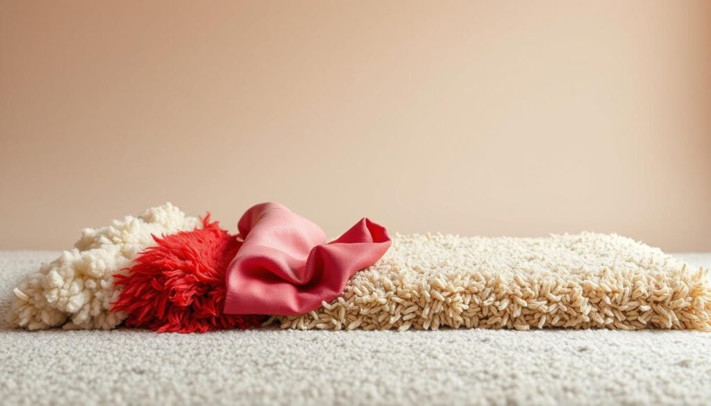 A detailed comparison of various rug materials set against a clean, minimalist background. In the foreground, vibrant swatches of plush wool, soft silk, durable jute, and cozy shag carpeting are displayed side-by-side, their textures and hues clearly visible under warm, directional studio lighting. The middle ground features a simple wooden surface, and the background is a muted, neutral color that allows the rug samples to take center stage. The overall composition conveys a sense of refined elegance and showcases the diverse material options available for the discerning homeowner seeking the perfect rug for their space. A detailed comparison of various rug materials set against a clean, minimalist background. In the foreground, vibrant swatches of plush wool, soft silk, durable jute, and cozy shag carpeting are displayed side-by-side, their textures and hues clearly visible under warm, directional studio lighting. The middle ground features a simple wooden surface, and the background is a muted, neutral color that allows the rug samples to take center stage. The overall composition conveys a sense of refined elegance and showcases the diverse material options available for the discerning homeowner seeking the perfect rug for their space.