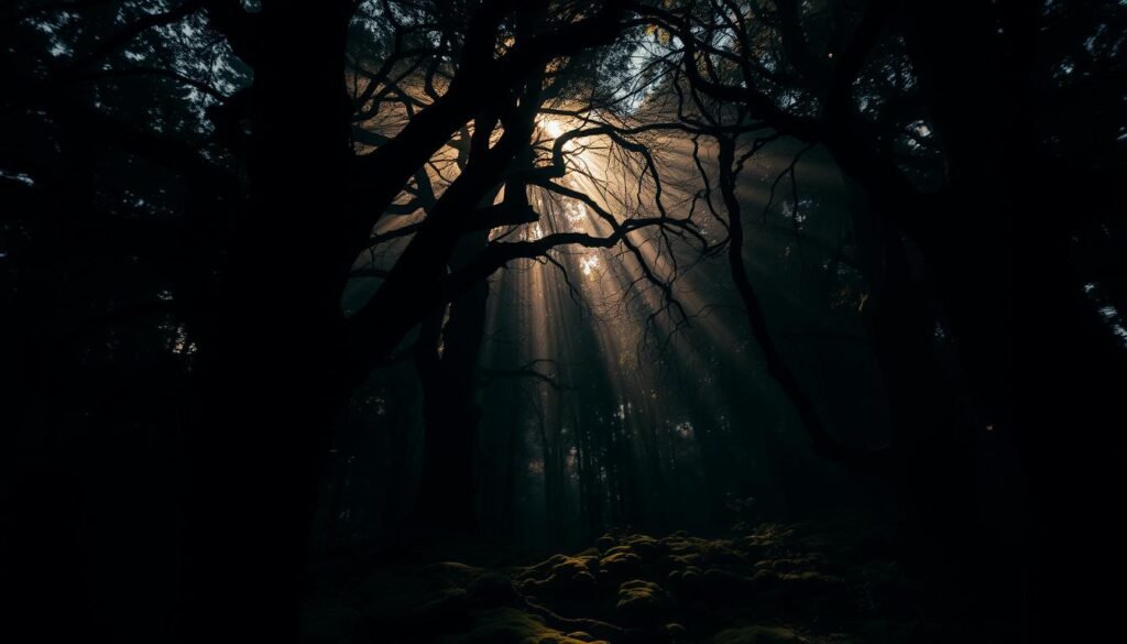 A dimly lit, enchanting forest with towering, ancient trees casting long shadows. Thick, twisted branches reaching overhead, creating a canopy of dense, dark foliage. Scattered beams of warm, golden light pierce through the gaps, illuminating the lush, mossy undergrowth. A sense of mystery and seclusion pervades the scene, evoking a feeling of being enveloped in a cozy, serene sanctuary. The camera angle is low, immersing the viewer in the depth and scale of the captivating, atmospheric environment. A dimly lit, enchanting forest with towering, ancient trees casting long shadows. Thick, twisted branches reaching overhead, creating a canopy of dense, dark foliage. Scattered beams of warm, golden light pierce through the gaps, illuminating the lush, mossy undergrowth. A sense of mystery and seclusion pervades the scene, evoking a feeling of being enveloped in a cozy, serene sanctuary. The camera angle is low, immersing the viewer in the depth and scale of the captivating, atmospheric environment.