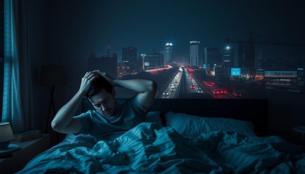 A dimly lit room showcases the detrimental effects of noise pollution on human health. In the foreground, a person appears fatigued, clutching their head in discomfort. The middle ground depicts disrupted sleep patterns, with tossing and turning on a restless night. In the background, a cacophony of urban sounds - sirens, traffic, and construction - symbolize the sources of unwanted noise that infiltrate the home. The lighting is muted, creating an atmosphere of unease and stress. The overall scene conveys the importance of noise reduction for physical and mental well-being, setting the stage for the article's exploration of solutions for a calmer, more peaceful living environment. A dimly lit room showcases the detrimental effects of noise pollution on human health. In the foreground, a person appears fatigued, clutching their head in discomfort. The middle ground depicts disrupted sleep patterns, with tossing and turning on a restless night. In the background, a cacophony of urban sounds - sirens, traffic, and construction - symbolize the sources of unwanted noise that infiltrate the home. The lighting is muted, creating an atmosphere of unease and stress. The overall scene conveys the importance of noise reduction for physical and mental well-being, setting the stage for the article's exploration of solutions for a calmer, more peaceful living environment.