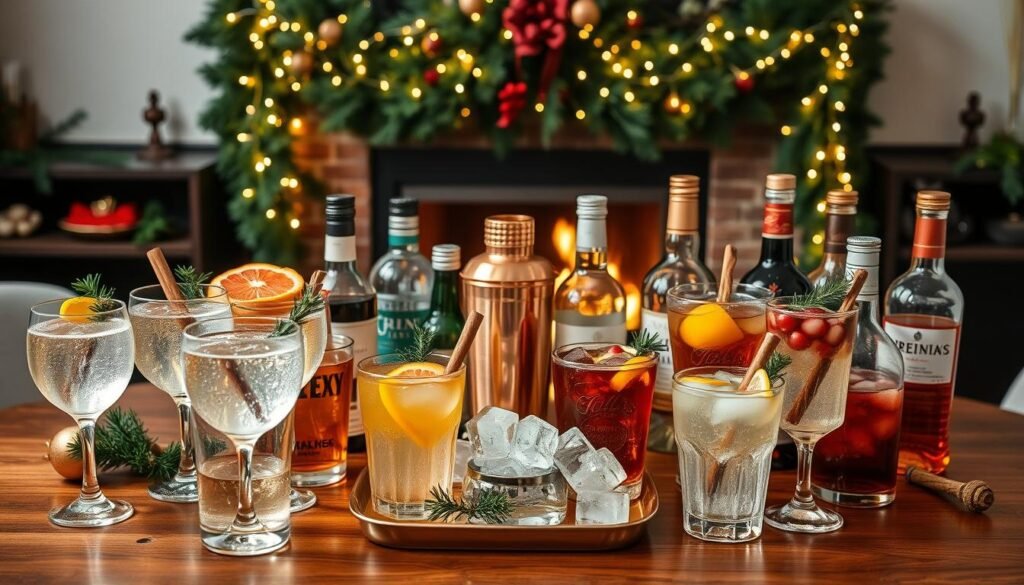 A festive display of holiday drinks and cocktails, artfully arranged on a wooden table. In the foreground, an assortment of glimmering glassware filled with sparkling beverages, garnished with fresh citrus slices, cinnamon sticks, and sprigs of evergreen. The middle ground features a copper cocktail shaker, a tray of festive ice cubes, and an array of premium liquors and mixers. In the background, a cozy fireplace casts a warm, inviting glow, with twinkling string lights and a lush, garland-adorned mantel. The overall scene evokes a sense of seasonal cheer and elegant hospitality, perfect for a holiday dinner party.