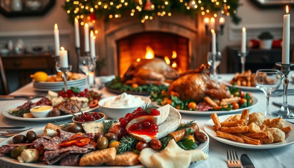 A festive holiday table set with an elaborate spread - in the foreground, a platter of savory starters including artisanal cheeses, cured meats, and marinated olives; in the middle, a sumptuous main course of roasted turkey garnished with fresh herbs and cranberry sauce, accompanied by fluffy mashed potatoes and buttery roasted vegetables; in the background, a cozy fireplace adorned with garlands and twinkling lights, casting a warm glow over the scene. The table is set with fine china, sparkling glassware, and polished silverware, creating an atmosphere of refined elegance. Soft candlelight and the aroma of spices fill the air, inviting guests to indulge in a delightful culinary experience.