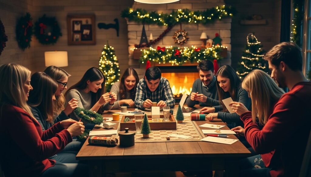 A festive scene of holiday games and crafts unfolds, illuminated by warm, cozy lighting. In the foreground, a group of friends and family gather around a rustic wooden table, engaged in various DIY projects - crafting decorative wreaths, stringing popcorn garlands, and designing handmade holiday cards. In the middle ground, a classic board game is set up, with players animatedly taking their turns. The background showcases a fireplace adorned with twinkling fairy lights, casting a soft, inviting glow over the joyful atmosphere. The overall scene evokes a sense of togetherness, creativity, and the cherished traditions of the holiday season.