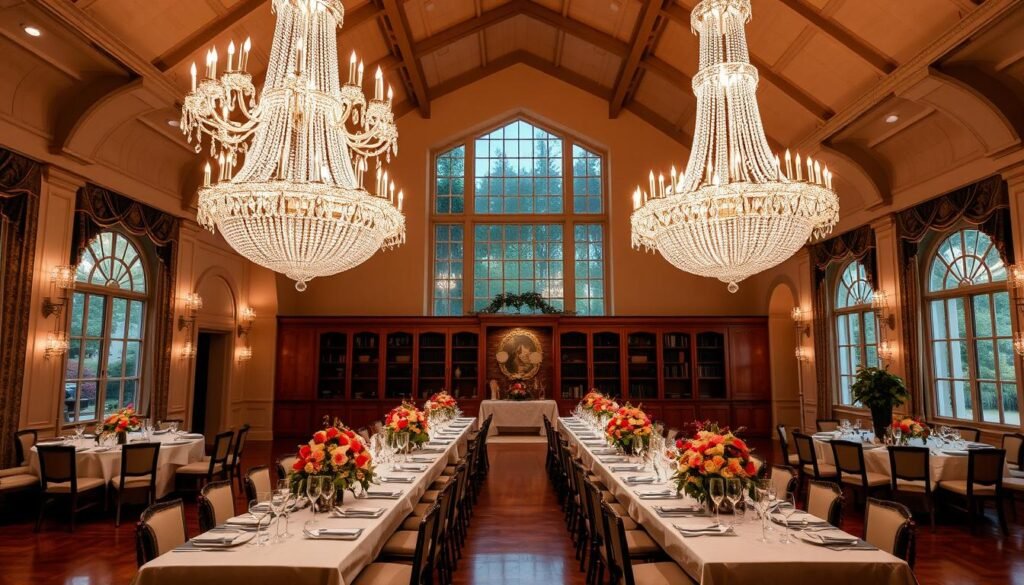 A grand dining room with two magnificent chandeliers suspended over a long, elegantly set table. The opulent crystal fixtures cast a warm, ambient glow, illuminating the ornate tableware and lush floral centerpieces. The high, vaulted ceilings and large windows create a sense of grandeur, while the polished wood floors and tasteful decor lend an air of timeless sophistication. The overall scene evokes a mood of refined elegance, perfect for an intimate gathering or a lavish dinner party.
