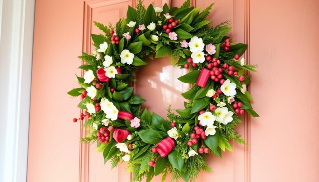 A handcrafted spring wreath adorns the front door, its vibrant colors and natural textures radiating a warm, welcoming atmosphere. Lush greenery, delicate blooms, and whimsical accents like ribbons and berries create a charming, rustic-inspired display. Soft, diffused lighting casts a gentle glow, highlighting the intricate details and craftsmanship. The wreath is positioned at eye level, inviting passersby to admire its cheerful, seasonal elegance. A sense of DIY pride and the season's renewal permeates the scene, setting the stage for a delightful spring home entrance. A handcrafted spring wreath adorns the front door, its vibrant colors and natural textures radiating a warm, welcoming atmosphere. Lush greenery, delicate blooms, and whimsical accents like ribbons and berries create a charming, rustic-inspired display. Soft, diffused lighting casts a gentle glow, highlighting the intricate details and craftsmanship. The wreath is positioned at eye level, inviting passersby to admire its cheerful, seasonal elegance. A sense of DIY pride and the season's renewal permeates the scene, setting the stage for a delightful spring home entrance.