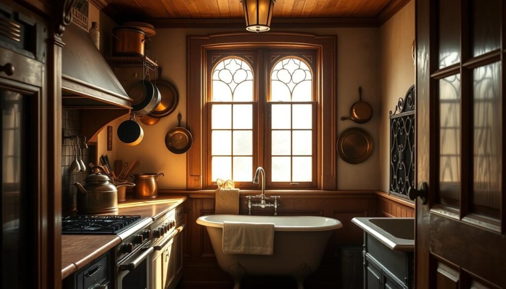 A hidden scullery, nestled behind an ornate kitchen facade, showcases a cozy workspace with vintage appliances. Soft, warm lighting filters through aged leaded glass windows, casting a golden glow on the worn, wooden surfaces. Antique copper pots and pans hang from rustic racks, while a sturdy farmhouse sink and claw-foot tub sit in the shadows, hinting at the room's utilitarian past. The overall atmosphere is one of quiet elegance and functional charm, a blend of the practical and the beautiful that embodies the rising trend of sculleries and "dirty kitchens" in modern homes. A hidden scullery, nestled behind an ornate kitchen facade, showcases a cozy workspace with vintage appliances. Soft, warm lighting filters through aged leaded glass windows, casting a golden glow on the worn, wooden surfaces. Antique copper pots and pans hang from rustic racks, while a sturdy farmhouse sink and claw-foot tub sit in the shadows, hinting at the room's utilitarian past. The overall atmosphere is one of quiet elegance and functional charm, a blend of the practical and the beautiful that embodies the rising trend of sculleries and "dirty kitchens" in modern homes.