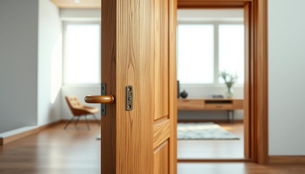 A high-quality, close-up view of a solid-core wooden door in a modern interior setting. The door is partially open, revealing its cross-section to showcase the soundproofing layers. The foreground features the door's edge, handle, and hinges in crisp detail. The middle ground showcases the door's dense, layered construction, with visible insulation materials and dampening structures. The background is a minimalist, softly-lit room, emphasizing the door's importance as a sound barrier. Realistic textures, natural lighting, and a shallow depth of field create a professional, technical illustration suitable for an architecture article. A high-quality, close-up view of a solid-core wooden door in a modern interior setting. The door is partially open, revealing its cross-section to showcase the soundproofing layers. The foreground features the door's edge, handle, and hinges in crisp detail. The middle ground showcases the door's dense, layered construction, with visible insulation materials and dampening structures. The background is a minimalist, softly-lit room, emphasizing the door's importance as a sound barrier. Realistic textures, natural lighting, and a shallow depth of field create a professional, technical illustration suitable for an architecture article.