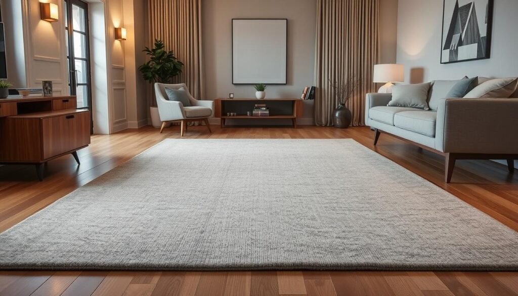 A large, durable area rug with a subtle geometric pattern in shades of gray and beige, suitable for a high-traffic living room or hallway. The rug has a low, dense pile that can withstand heavy foot traffic and is easy to clean. Warm, indirect lighting from wall sconces casts a cozy glow, highlighting the rug's textural details. The room is furnished with clean-lined, mid-century modern furniture in neutral tones, creating a cohesive, minimalist aesthetic. The rug anchors the space, balancing the functionality of a high-traffic area with a refined, sophisticated style. A large, durable area rug with a subtle geometric pattern in shades of gray and beige, suitable for a high-traffic living room or hallway. The rug has a low, dense pile that can withstand heavy foot traffic and is easy to clean. Warm, indirect lighting from wall sconces casts a cozy glow, highlighting the rug's textural details. The room is furnished with clean-lined, mid-century modern furniture in neutral tones, creating a cohesive, minimalist aesthetic. The rug anchors the space, balancing the functionality of a high-traffic area with a refined, sophisticated style.
