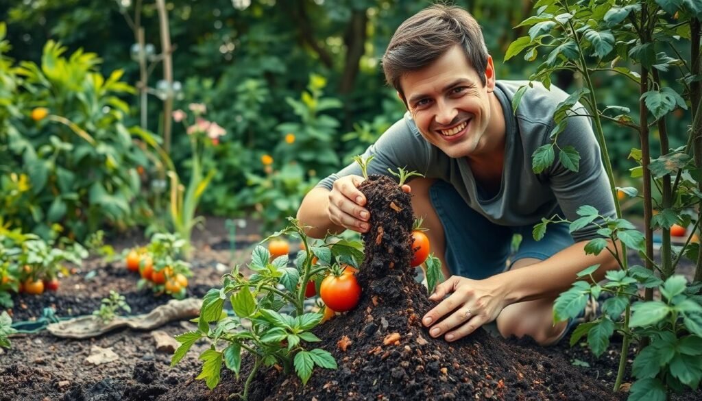 A lush garden setting, with a verdant backdrop of flourishing plants and trees. In the foreground, a person kneels down, carefully spreading a rich, dark compost over the soil around the base of a thriving tomato plant. The compost is visibly nutrient-dense, with bits of decomposed organic matter visible. Soft, diffused natural lighting filters through the scene, creating a warm and inviting atmosphere. The person's expression conveys a sense of satisfaction and accomplishment, as they witness the direct impact of their composting efforts on the health and vitality of their homegrown produce. A lush garden setting, with a verdant backdrop of flourishing plants and trees. In the foreground, a person kneels down, carefully spreading a rich, dark compost over the soil around the base of a thriving tomato plant. The compost is visibly nutrient-dense, with bits of decomposed organic matter visible. Soft, diffused natural lighting filters through the scene, creating a warm and inviting atmosphere. The person's expression conveys a sense of satisfaction and accomplishment, as they witness the direct impact of their composting efforts on the health and vitality of their homegrown produce.