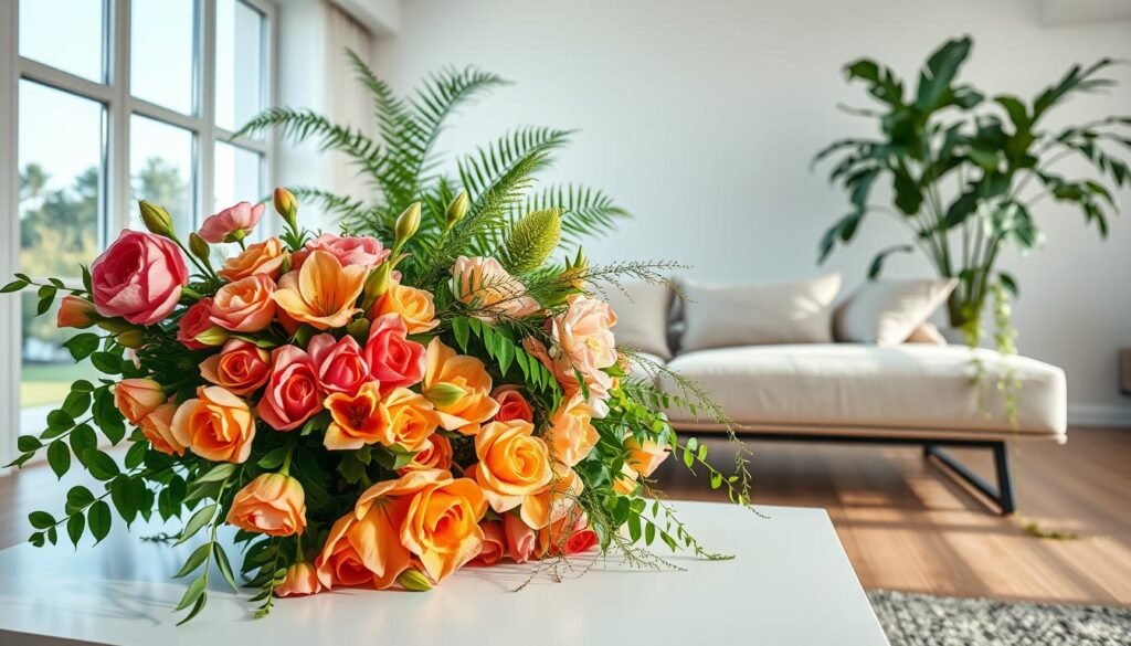 A lush, vibrant arrangement of fresh flowers and verdant greenery adorns a modern, minimalist coffee table. In the foreground, a cluster of delicate blossoms in warm hues - roses, peonies, and lilies - spill gracefully over the table's edge, their petals softly illuminated by natural light filtering through large windows. The middle ground features lush, cascading foliage - ferns, monstera leaves, and trailing vines - creating a sense of abundance and vitality. In the background, a neutral, airy space with clean lines and a neutral color palette provides a serene, uncluttered backdrop, allowing the floral display to take center stage. Captured with a wide-angle lens, the scene evokes a calming, rejuvenating atmosphere, perfect for elevating a simple coffee table.