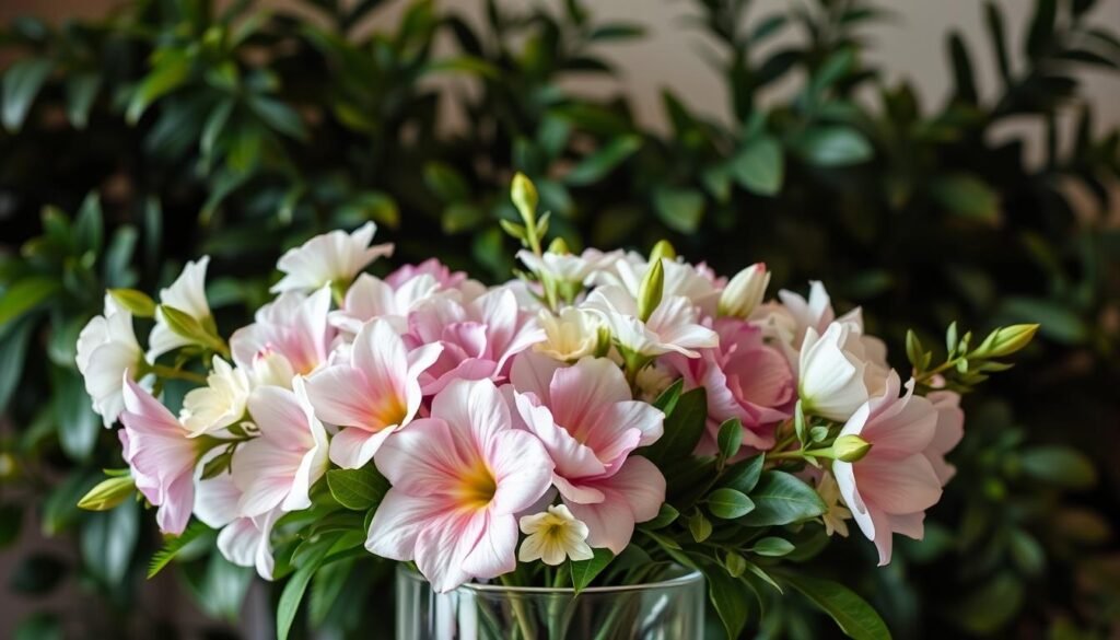 A luxurious bouquet of fresh, vibrant flowers arranged in a sleek glass vase, set against a backdrop of lush, verdant foliage. The flowers feature a harmonious blend of delicate pastel hues, such as soft pinks, lavenders, and whites, complemented by the rich, emerald tones of the greenery. Soft, diffused lighting casts a warm, inviting glow, accentuating the natural beauty of the floral display. The composition is balanced and visually pleasing, capturing the essence of a serene, tranquil setting that would perfectly complement the guest bedroom retreat. A luxurious bouquet of fresh, vibrant flowers arranged in a sleek glass vase, set against a backdrop of lush, verdant foliage. The flowers feature a harmonious blend of delicate pastel hues, such as soft pinks, lavenders, and whites, complemented by the rich, emerald tones of the greenery. Soft, diffused lighting casts a warm, inviting glow, accentuating the natural beauty of the floral display. The composition is balanced and visually pleasing, capturing the essence of a serene, tranquil setting that would perfectly complement the guest bedroom retreat.