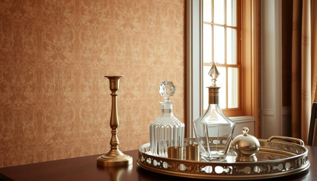 A luxurious, meticulously woven wallpaper in warm, earthy tones forms the backdrop, its intricate patterns casting subtle shadows. In the foreground, a collection of refined, metallic accents shine - a gleaming brass candlestick, a crystal decanter, and a polished silver tray. Soft, diffused lighting from a nearby window creates a cozy, sophisticated atmosphere, highlighting the interplay between the formal and casual elements. The overall scene evokes a sense of refined elegance, seamlessly blending classical and contemporary design sensibilities.