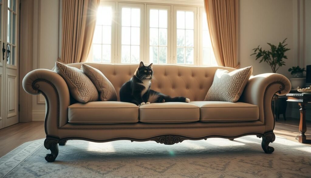 A luxurious, pet-friendly sofa in a spacious, sun-drenched living room. Plush, high-quality upholstery in a neutral tone invites relaxation, with smooth, rounded edges and deep, comfortable cushions. Elegant wooden legs and an ornate, carved frame add a touch of sophistication. The sofa is positioned in front of a large window, allowing natural light to bathe the space in a warm, golden glow. Soft, textured throw pillows in complementary colors and patterns offer additional comfort and style. The overall design is both visually stunning and practical, with durable materials that can withstand the occasional paw or scratch from a beloved feline companion.
