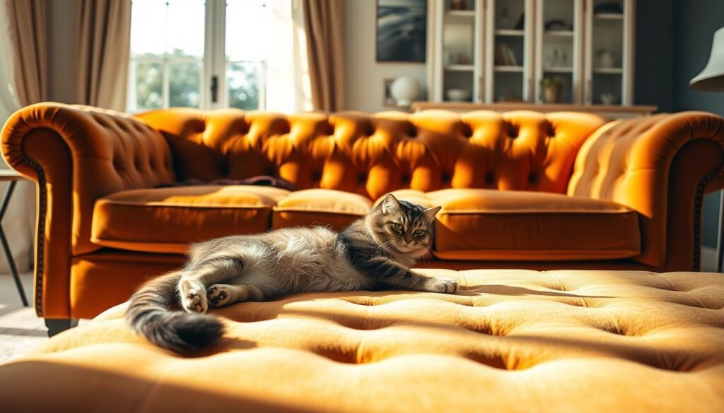A luxurious velvet couch stands in a bright, airy living room, its soft tufted cushions inviting touch. The warm, rich hue of the fabric is offset by the clean, minimalist lines of the piece, creating a harmonious blend of style and comfort. In the foreground, a playful cat lounges on the couch, its paws kneading the plush surface, seemingly unaware of the couch's durability. The scene is bathed in warm, natural light, casting a gentle glow on the couch and its feline occupant. The overall atmosphere exudes a sense of sophisticated relaxation, perfectly capturing the essence of a stylish, cat-proof velvet couch.