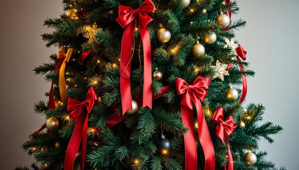 A majestic Christmas tree adorned with cascading ribbons and elegant bows, its branches glistening under the warm glow of soft lighting. The ribbons, in rich shades of red and gold, flow gracefully down the tree, accentuating its lush, verdant foliage. Delicate bows, meticulously crafted, dot the tree's surface, adding a touch of refined sophistication. The scene is captured from a slightly elevated angle, allowing the viewer to fully appreciate the tree's striking visual appeal. The background is a softly blurred, muted palette, placing the tree at the center of attention and creating a sense of serene, holiday-inspired ambiance. A majestic Christmas tree adorned with cascading ribbons and elegant bows, its branches glistening under the warm glow of soft lighting. The ribbons, in rich shades of red and gold, flow gracefully down the tree, accentuating its lush, verdant foliage. Delicate bows, meticulously crafted, dot the tree's surface, adding a touch of refined sophistication. The scene is captured from a slightly elevated angle, allowing the viewer to fully appreciate the tree's striking visual appeal. The background is a softly blurred, muted palette, placing the tree at the center of attention and creating a sense of serene, holiday-inspired ambiance.