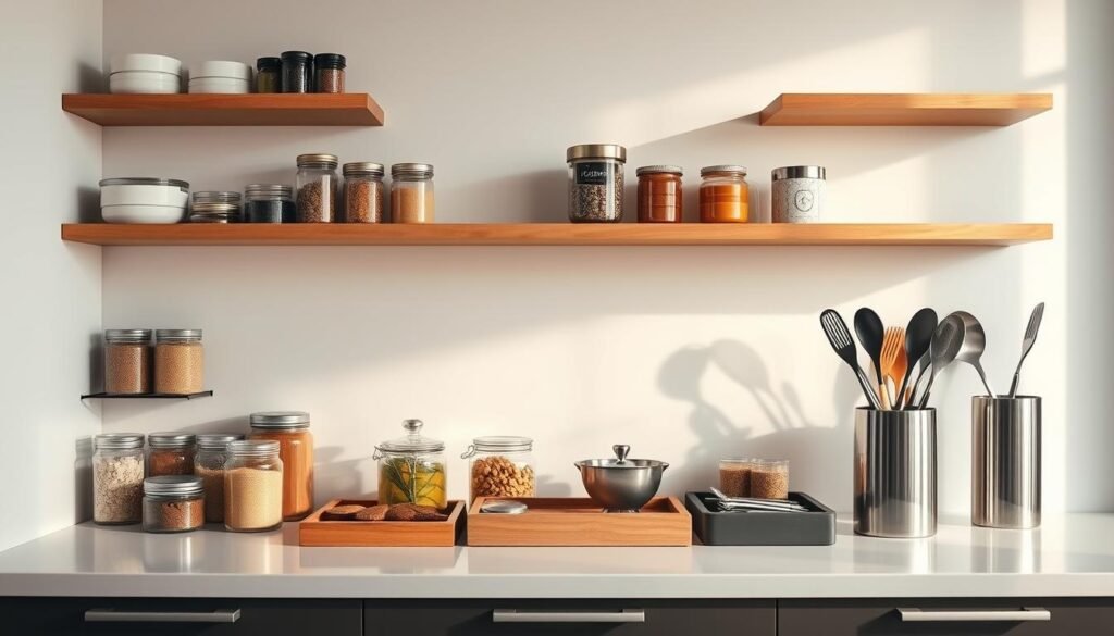 A meticulously organized kitchen countertop, its surface gleaming under soft, diffused lighting. Neatly arranged storage containers, jars, and trays hold an array of spices, herbs, and cooking essentials. Minimalist, wooden shelves line the walls, providing additional space for frequently used items. A sleek, stainless-steel utensil holder stands at the ready, its contents easily accessible. The overall scene conveys a sense of harmony and efficiency, showcasing clever solutions to maximize the limited counter space in a small kitchen. A meticulously organized kitchen countertop, its surface gleaming under soft, diffused lighting. Neatly arranged storage containers, jars, and trays hold an array of spices, herbs, and cooking essentials. Minimalist, wooden shelves line the walls, providing additional space for frequently used items. A sleek, stainless-steel utensil holder stands at the ready, its contents easily accessible. The overall scene conveys a sense of harmony and efficiency, showcasing clever solutions to maximize the limited counter space in a small kitchen.