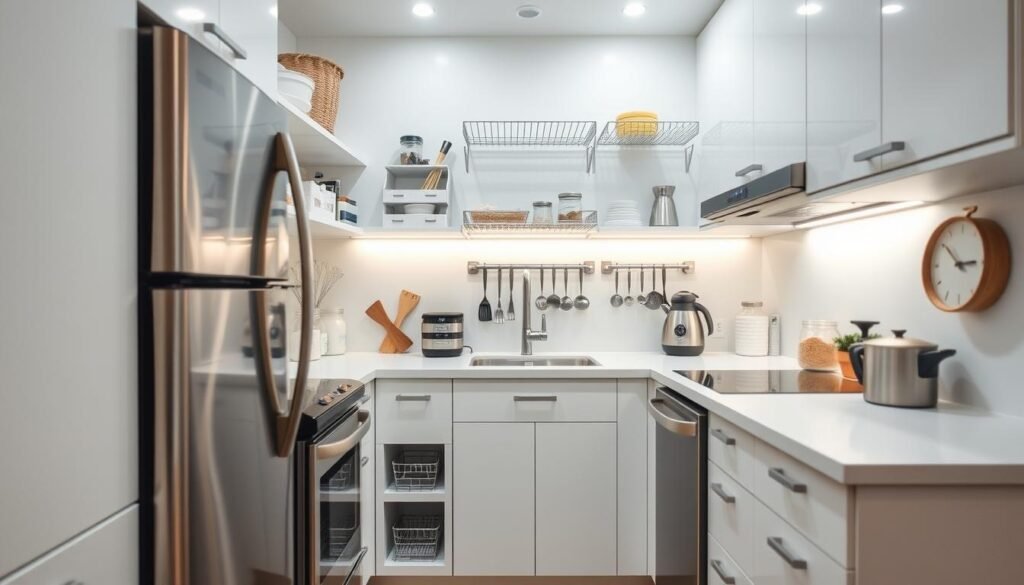 A meticulously organized tiny kitchen, brimming with efficient storage solutions. Gleaming stainless steel appliances and sleek, minimalist cabinets create a crisp, modern aesthetic. Floating shelves and wall-mounted racks maximize vertical space, while pull-out drawers and modular organizers optimize every inch. Soft, diffused lighting illuminates the scene, highlighting the clever use of space. The overall atmosphere is one of calm, streamlined functionality - a testament to the power of smart design in a compact culinary haven. A meticulously organized tiny kitchen, brimming with efficient storage solutions. Gleaming stainless steel appliances and sleek, minimalist cabinets create a crisp, modern aesthetic. Floating shelves and wall-mounted racks maximize vertical space, while pull-out drawers and modular organizers optimize every inch. Soft, diffused lighting illuminates the scene, highlighting the clever use of space. The overall atmosphere is one of calm, streamlined functionality - a testament to the power of smart design in a compact culinary haven.