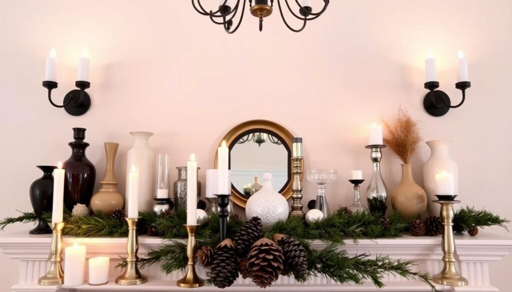 A meticulously styled mantel display with varying heights and textures, creating a harmonious and visually captivating arrangement. In the foreground, a cluster of elegant candles of differing heights cast a warm, inviting glow. Behind them, an assortment of decorative objects, such as ceramic vases, glass candlesticks, and natural elements like pinecones, are arranged in a balanced, asymmetrical composition. The middle ground features a focal point, perhaps a framed mirror or piece of artwork, surrounded by smaller accessories that add depth and visual interest. The background showcases a neutral, clean-lined wall, allowing the mantel styling to take center stage. Soft, directional lighting from sconces or a chandelier above casts a gentle, moody ambiance, accentuating the textures and shadows of the display. A meticulously styled mantel display with varying heights and textures, creating a harmonious and visually captivating arrangement. In the foreground, a cluster of elegant candles of differing heights cast a warm, inviting glow. Behind them, an assortment of decorative objects, such as ceramic vases, glass candlesticks, and natural elements like pinecones, are arranged in a balanced, asymmetrical composition. The middle ground features a focal point, perhaps a framed mirror or piece of artwork, surrounded by smaller accessories that add depth and visual interest. The background showcases a neutral, clean-lined wall, allowing the mantel styling to take center stage. Soft, directional lighting from sconces or a chandelier above casts a gentle, moody ambiance, accentuating the textures and shadows of the display.
