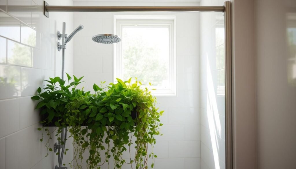 A minimalist bathroom interior with a small shower enclosure, bright natural light streaming in from a window. In the foreground, a vertical plant display made up of lush, cascading greenery fills the shower space, adding a serene, spa-like ambiance. The plants are carefully arranged in a tiered, wall-mounted planter, their vibrant leaves and vines trailing down the tile-lined walls. The overall scene evokes a sense of tranquility and unexpected delight, elevating the utilitarian bathroom space into a lush, nature-inspired oasis. A minimalist bathroom interior with a small shower enclosure, bright natural light streaming in from a window. In the foreground, a vertical plant display made up of lush, cascading greenery fills the shower space, adding a serene, spa-like ambiance. The plants are carefully arranged in a tiered, wall-mounted planter, their vibrant leaves and vines trailing down the tile-lined walls. The overall scene evokes a sense of tranquility and unexpected delight, elevating the utilitarian bathroom space into a lush, nature-inspired oasis.