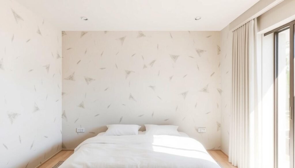 A minimalist bedroom with a neutral color palette and natural textures. The walls feature a subtle, abstract pattern that adds visual interest without overwhelming the space. Soft, diffused lighting from a large window illuminates the room, creating a serene and calming atmosphere. The patterns on the walls gently interact with the natural shadows and highlights, adding depth and dimension to the design. The overall effect is one of understated elegance and tranquility, perfectly complementing the "Minimalist Bedroom Ideas for a Serene Space" theme.